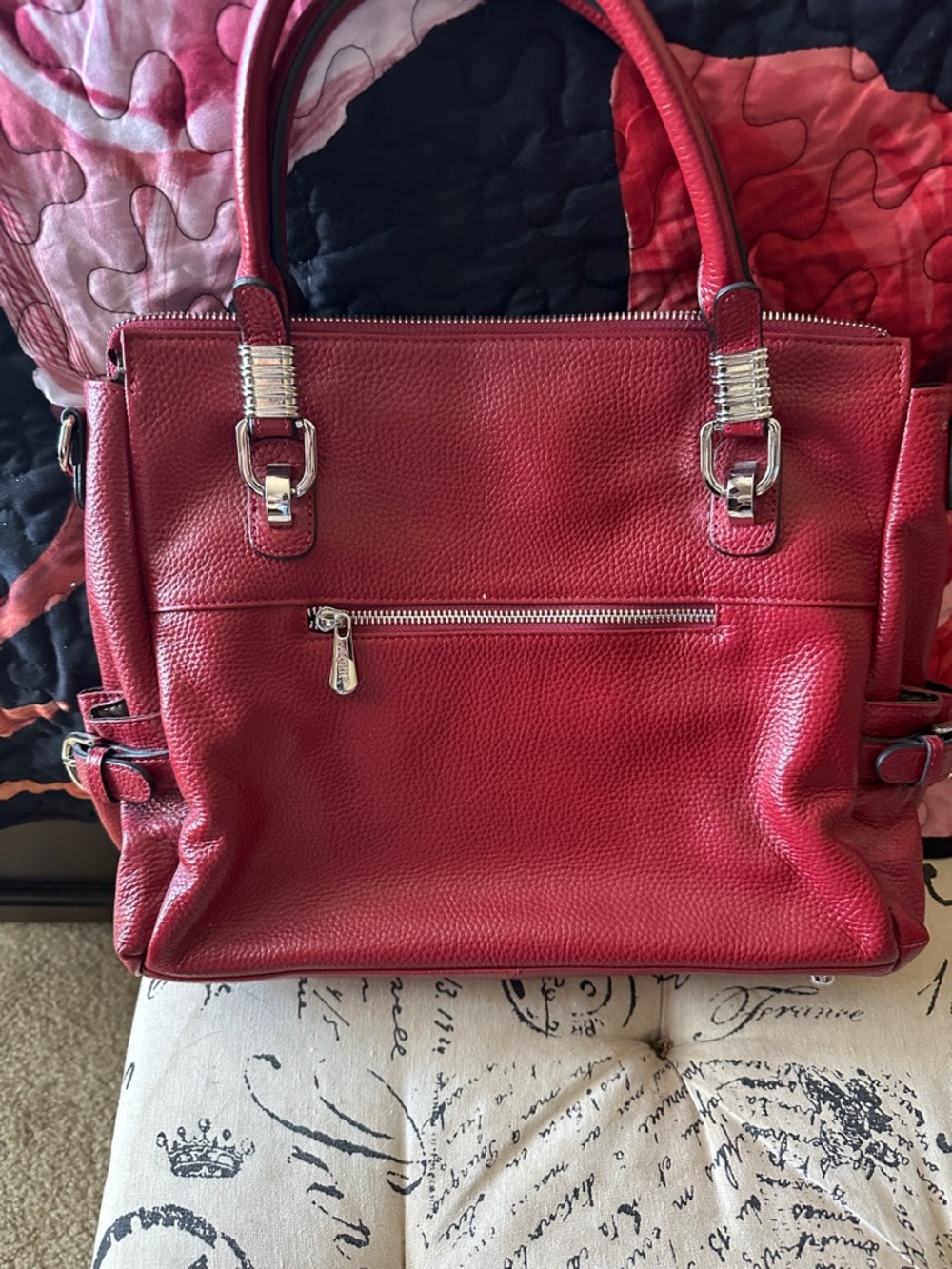 Classic Red Pebbled Satchel with Silver Hardware